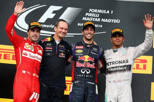 2014 F1 Hungarian GP Daniel-Ricciardo Lewis Hamilton and Fernando Alonso podium