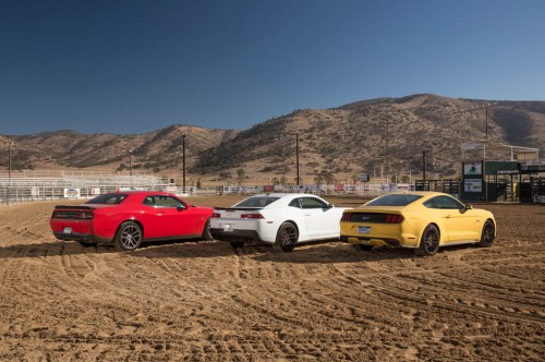 2015-chevrolet-camaro-ss-dodge-challenger-rt-scat-pack-ford-mustang-gt-rear-three-quarters