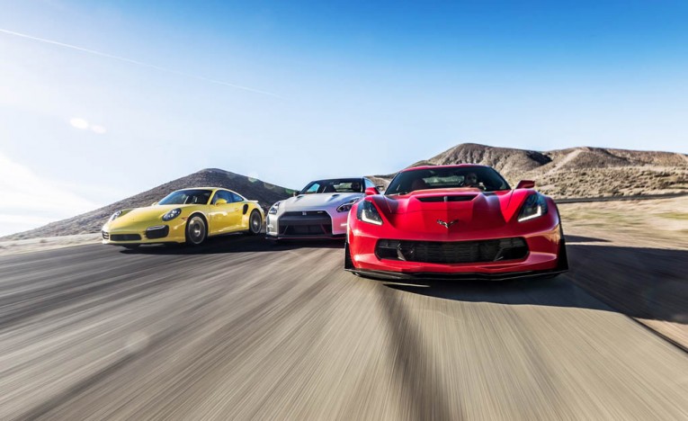 2014 Porsche 911 Turbo S, 2015 Nissan GT-R NISMO, and 2015 Chevrolet Corvette Z06