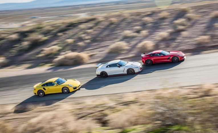 2014 Porsche 911 Turbo S, 2015 Nissan GT-R NISMO, and 2015 Chevrolet Corvette Z06