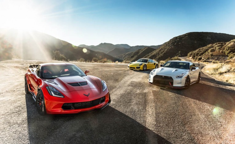 2014 Porsche 911 Turbo S, 2015 Nissan GT-R NISMO, and 2015 Chevrolet Corvette Z06