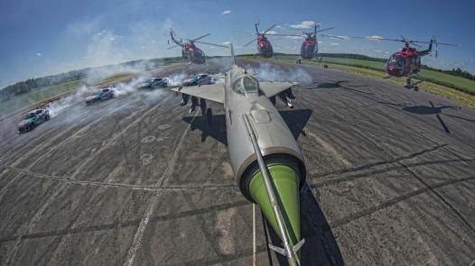 Aerobatic Helicopter Chases Drifting Race Car