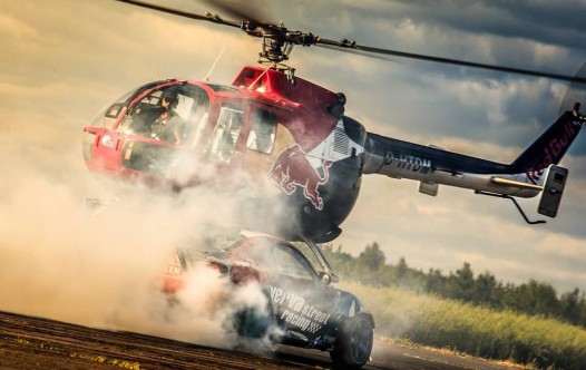 Aerobatic Helicopter Chases Drifting Race Car