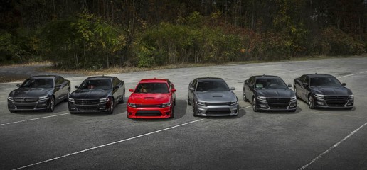 2015 Dodge Charger model lineup. From left to right: 2015 Dodge