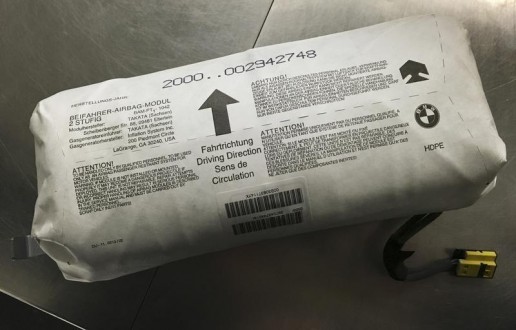 A Takata airbag that was removed from a 2001 BMW vehicle under factory recall program is shown in Alexandria Virginia