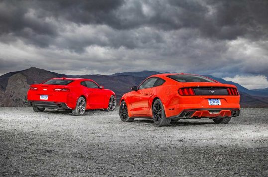 2016-chevrolet-camaro-rs-2016-ford-mustang-ecoboost-rear-three-quarter