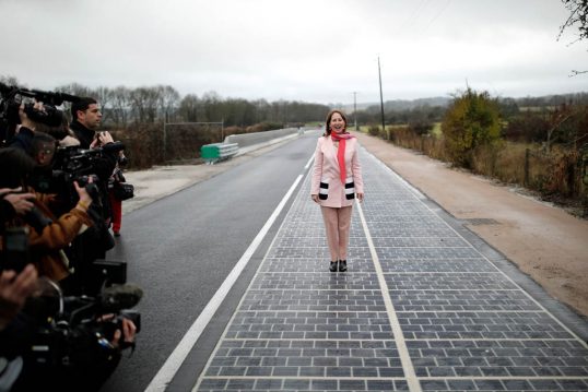 French Minister for Ecology, Sustainable Development and Energy Segolene Royal attends the inauguration of a solar panel road in Tourouvre