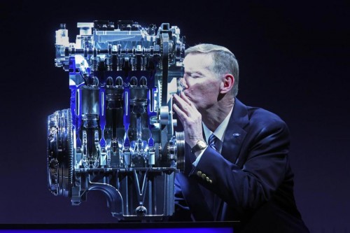 Ford CEO Alan Mulally kissing EcoBoost engine