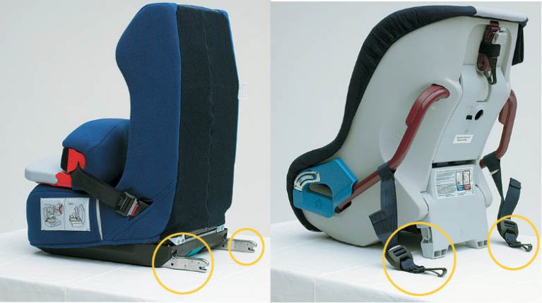 شکل 6. صندلی ایمنی کودک با اتصالات شکل‌پذیر (سمت راست) و اتصالات سخت (سمت چپ)