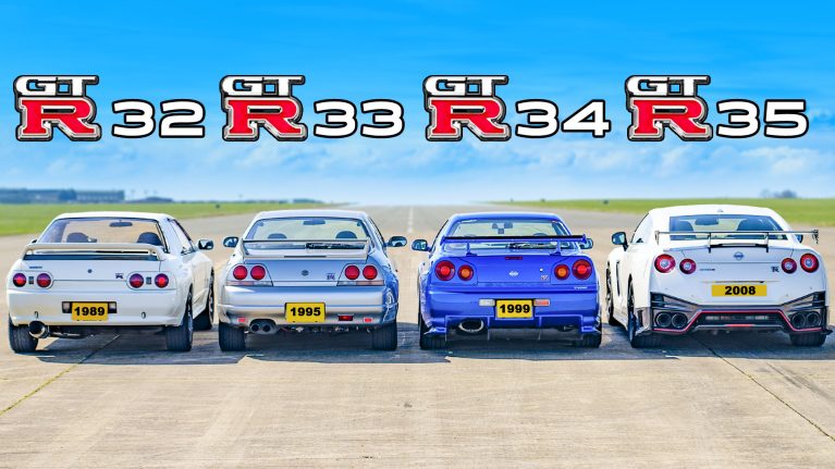 درگ چهار نسل مختلف نیسان GT-R، نمایش تکامل گودزیلا