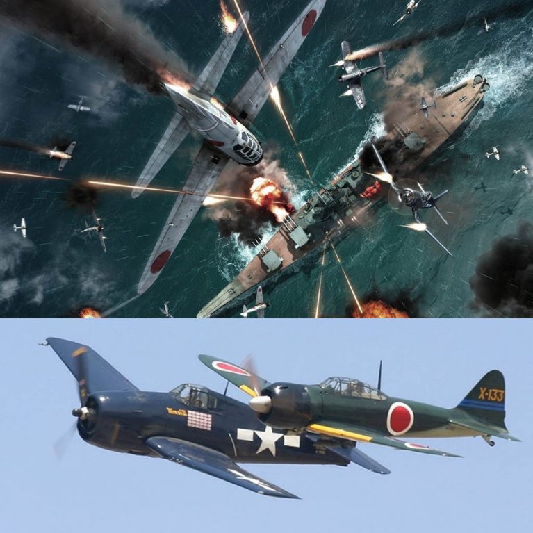 : A6M زیرو و تلاش برای حمله‌ی انتحاری (Kamikaze) به نبردناو آمریکایی (بالا). زیرو و هلکت، دو دشمن قدیمی که اکنون کنار هم پرواز می‌کنند (پایین)