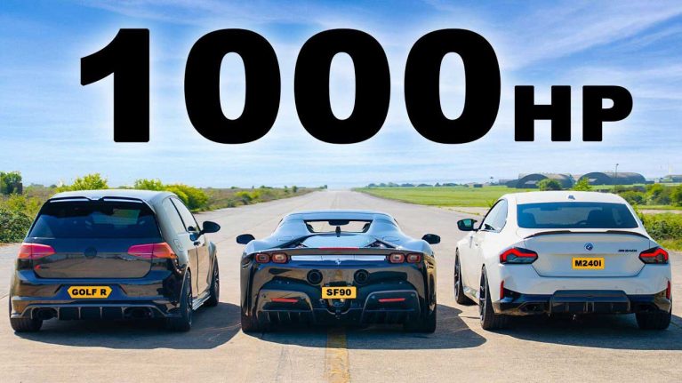 نبرد 1000 اسب بخار! درگ فراری SF90 با گلف R و بی‌ام‌و M240i تیونینگ